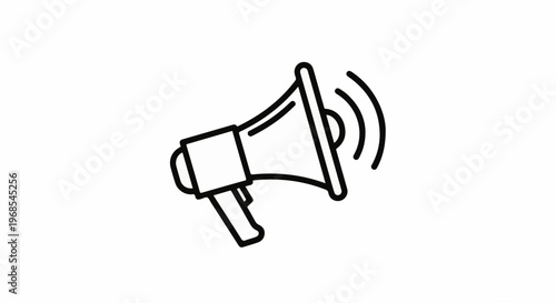 Line art icon of a megaphone emitting sound waves, white background