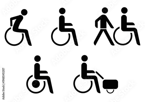 Various wheelchair symbols for sports wheelchairs, standard wheelchairs, with an attendant, with a built-in motor, and with an auxiliary motor