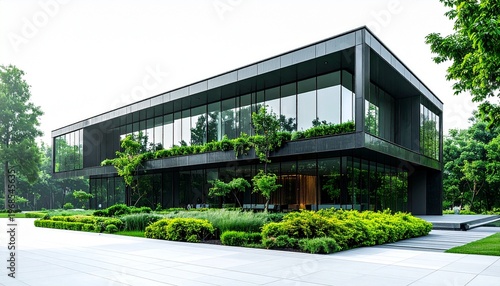 Modern architectural marvel - A sleek building harmonizing with lush greenery.