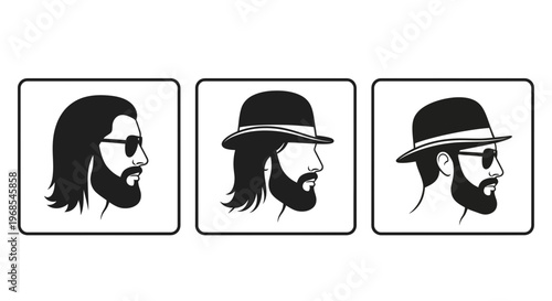 Three men with different hairstyles and hats.