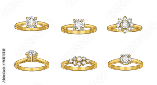 Six different gold diamond rings with various settings are arranged in two rows of three on a plain white background.