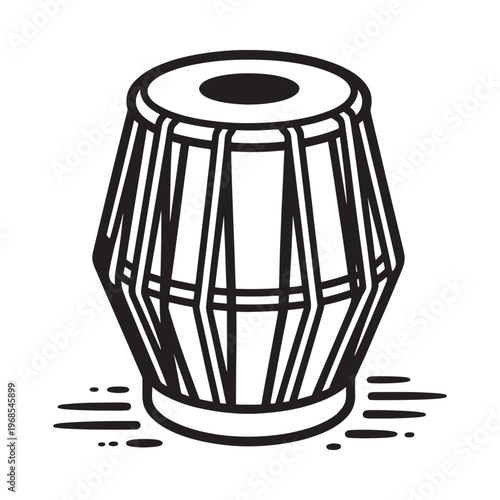 A detailed black and white illustration of a traditional indian tabla drum