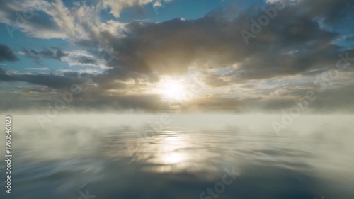 3D animation of a camera flying over a calm ocean surface with thick morning mist under the rays of a setting sun.