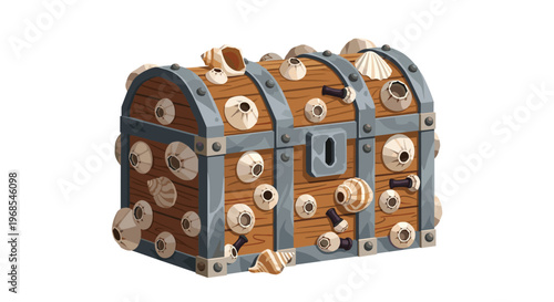 A closed, weathered wooden treasure chest, heavily encrusted with barnacles and seashells, stands on a white background.