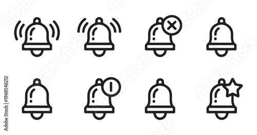 Collection of outline notification bell icons showing various states and actions.