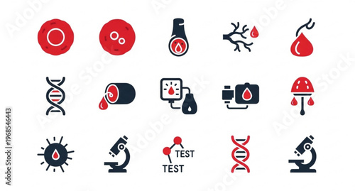 A set of medical icons representing blood testing and DNA analysis in a flat, minimalist design style.
