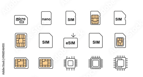 A vector graphic illustration of various SIM card and microchip designs on a white background