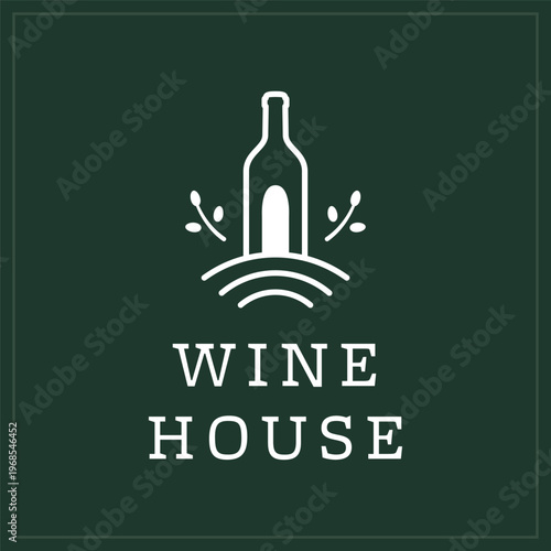 Minimalist wine bottle and vineyard hills logo design, vector emblem with wine fields, curved lines and floral branches on dark green background, linear style template for winery or estate branding