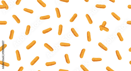 Numerous golden-brown, elongated biscuit snacks are scattered randomly across a pristine white background in a seamless pattern.