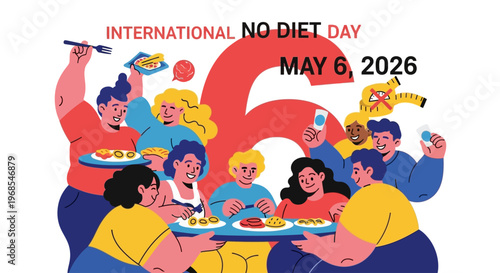 Diverse people celebrating International No Diet Day with food and drinks isolated on background