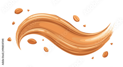 A dynamic, wavy smear of creamy peanut butter with scattered whole peanuts sweeps across a clean white background.