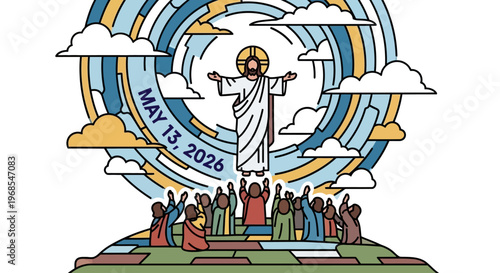 Illustration of Jesus Christ ascending to heaven with followers isolated on background