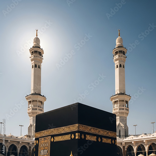 The Holy Kaaba stands tall between two minarets under a clear sky.