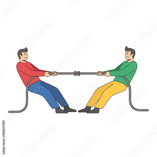 Two men in a tug of war, symbolizing competition and rivalry, isolated on white background.