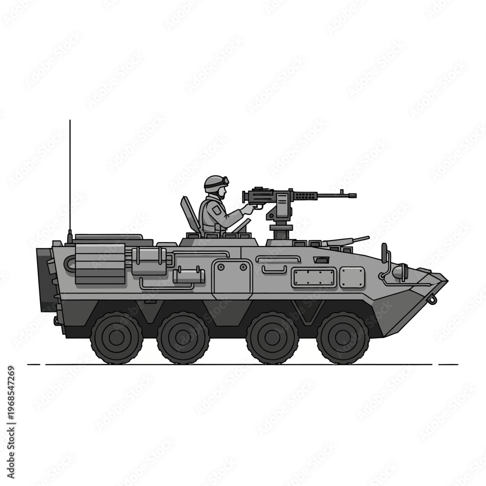 Fototapeta premium Armored Personnel Carrier with Gun Turret and Soldier Illustration