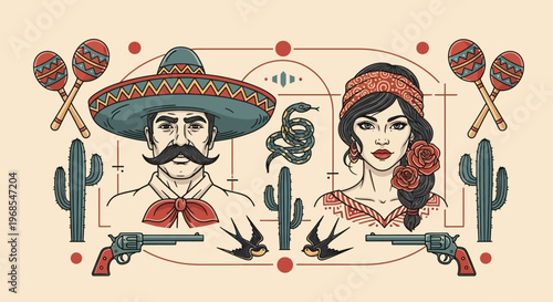 Photos Vintage Mexican Culture Illustration with Man in Sombrero, Woman with Roses, Cac
