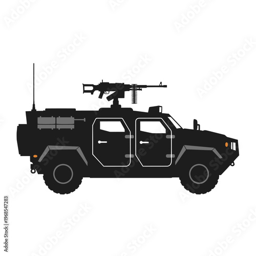 Black Armored Military Vehicle with Machine Gun on Roof - Vector Illustration