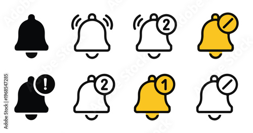 Colorful notification bell icon collection with yellow alert status and numeric badge indicators.