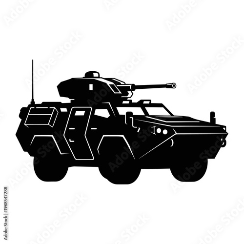 Black silhouette of an armored personnel carrier with a turret and cannon, isolated on white background.