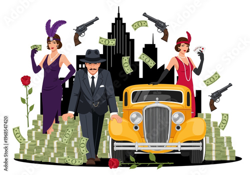 Roaring 20s Mafia Scene with Gangster, Flapper Girls, Vintage Yellow Car, and Stacks of Cash in Front of a City Skyline - Vector Illustration