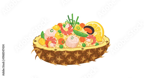 A halved pineapple boat is filled with golden fried rice, shrimp, scallops, mussels, peas, corn, and a lemon wedge on a white background.