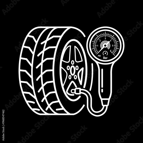 White Line Art Analog Tire Inflator Gauge with PSI and Bar Scale Vector Icon 