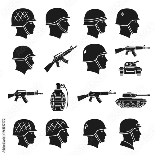 Military Helmets, Weapons, and Tank Icons Set: Soldier Profile Silhouettes
