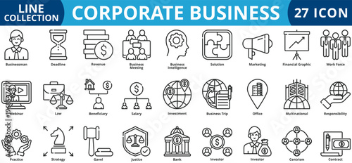 Corporate business icon set outline style icon set collection vector illustration