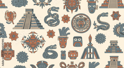 Ancient Aztec and Mayan Seamless Pattern with Mexican Culture Symbols, Tribal Masks, Pyramids, Sun Stone, and Feathered Serpents on Beige Background