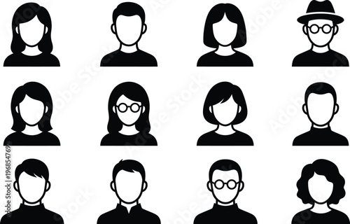 People avatar silhouette icon set. Male and female default profile symbols. Anonymous user face portrait logotypes. Vector illustration.