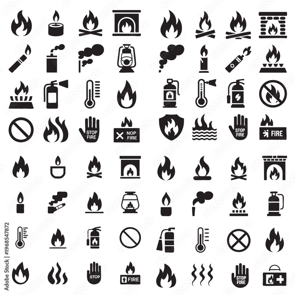 Fototapeta premium Black and white of kitchen tools and fire safety symbols utensils stove