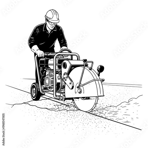 Construction worker operating portable generator on sandy ground with safety gear illustration