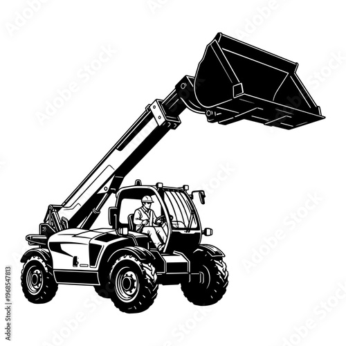 Heavy-duty construction telehandler lifting empty bucket in black and white industrial illustration