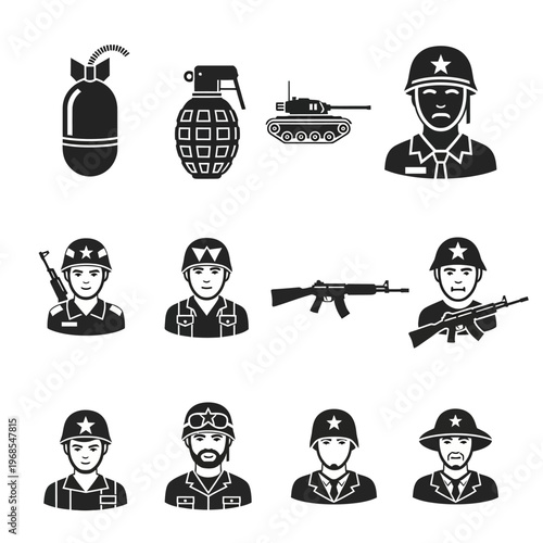 Military Icons: Soldiers, Tank, Grenades & Weapons - Vector Set