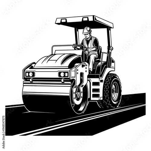 Construction worker operating road roller on asphalt for roadwork and infrastructure project