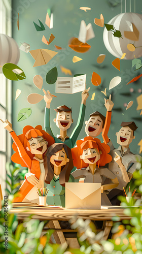 Joyful 3D papercraft illustration of a diverse team of seven characters celebrating success with arms raised, confetti falling, and colorful balloons on a cheerful teal background.