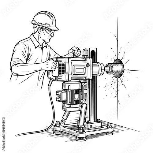 Engineer adjusting vintage milling machine with sparks in industrial workshop illustration