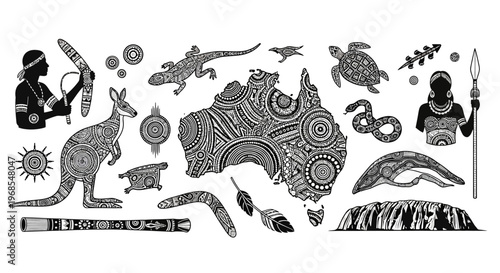 Australian Indigenous Culture Symbols Set: Map of Australia, Kangaroo, Boomerang, Uluru, and Tribal Patterns in Traditional Aboriginal Art Style