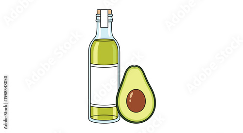 A slender glass bottle of light green avocado oil stands next to a halved avocado with its pit on a white background.