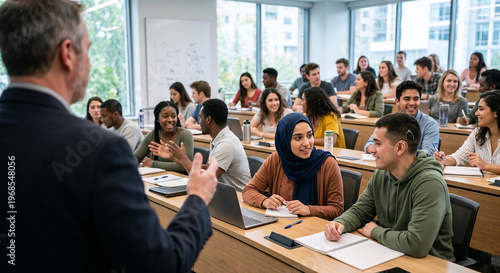 Diverse group of students listening to professor during university lecture.
