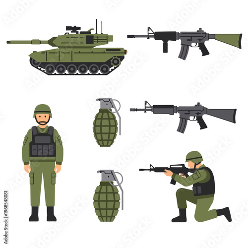 Military Icons: Tank, Soldiers, Grenades, Rifles - Flat Design Vector Set