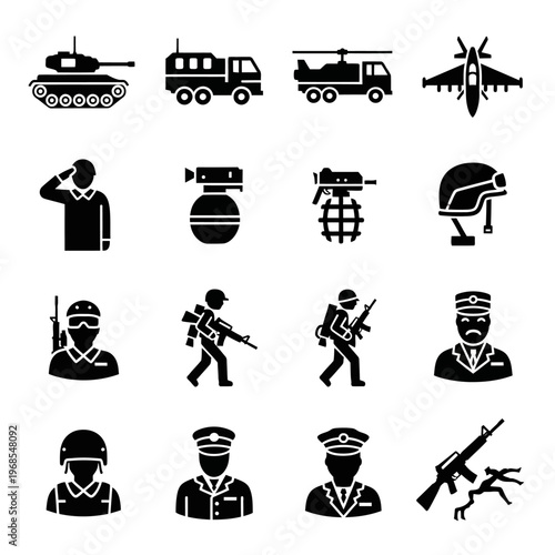 Military Icons: Tank, Truck, Helicopter, Jet, Soldiers, Weapons, Helmet, Uniforms