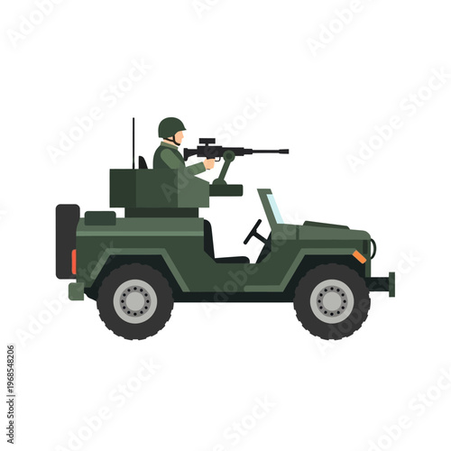 Military Soldier Operating Machine Gun on Armored Vehicle - Flat Design