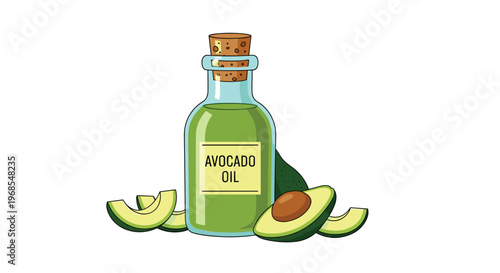 A glass bottle labeled AVOCADO OIL is surrounded by a halved avocado and several slices on a white surface.