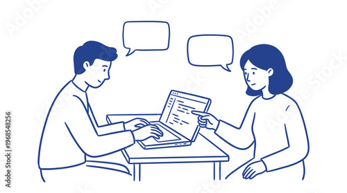 Two developers working together on a laptop discussing code and software development with speech bubbles highlighting their collaborative technical communication.