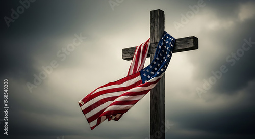 Usa 4 july patriotic display american flag draped on a wooden cross against a dramatic sky