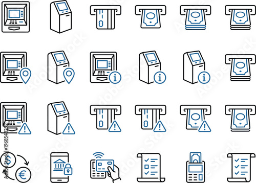 ATM and banking icon set. Cash withdrawal and credit card symbols. Payment terminal and financial logotypes. Vector illustration.