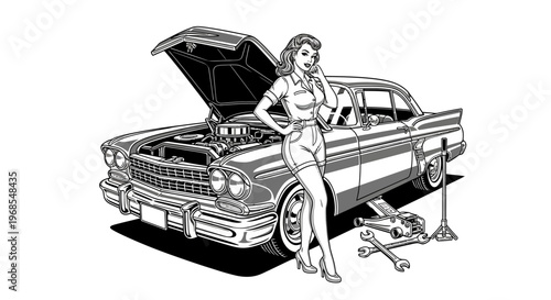 Vintage Pin-up Style Illustration of a Beautiful Woman Mechanic Posing with a Classic American Car with Open Hood and Tools in Black and White Vector Art