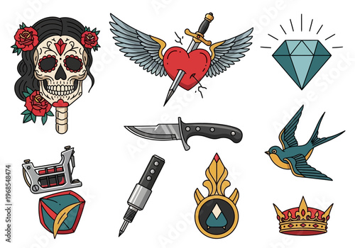 American Traditional Tattoo Flash Icon Set with Sugar Skull, Heart, Dagger, and Swallow