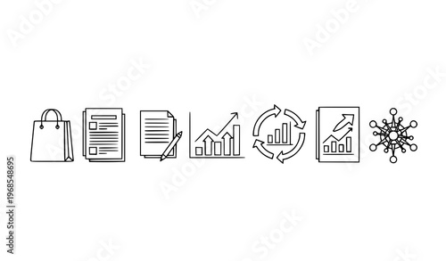 Minimal business banner line icons shopping growth report marketing black and white vector illustration isolated on white